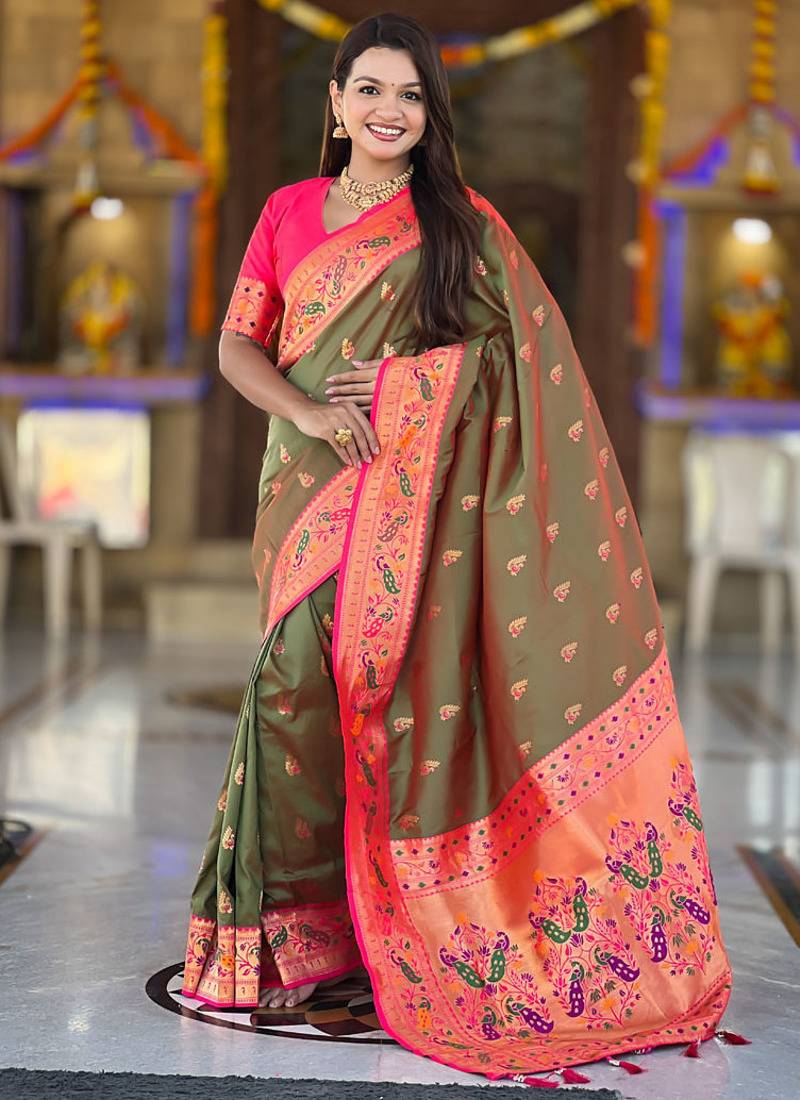 Indian green zari motif weaving work paithani silk saree