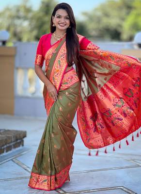 Indian green zari motif weaving work paithani silk saree 2