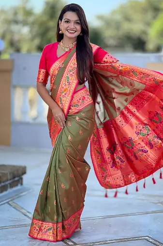 Indian green zari motif weaving work paithani silk saree