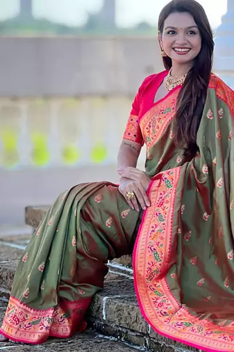 Indian green zari motif weaving work paithani silk saree