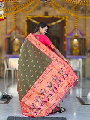 Indian green zari motif weaving work paithani silk saree 4