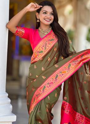 Indian green zari motif weaving work paithani silk saree 5