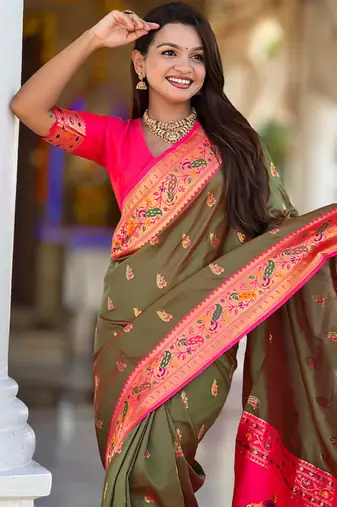 Indian green zari motif weaving work paithani silk saree