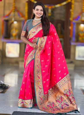 Indian pink zari motif weaving work paithani silk saree 1