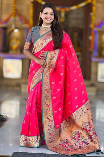 Indian pink zari motif weaving work paithani silk saree