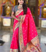 Indian pink zari motif weaving work paithani silk saree
