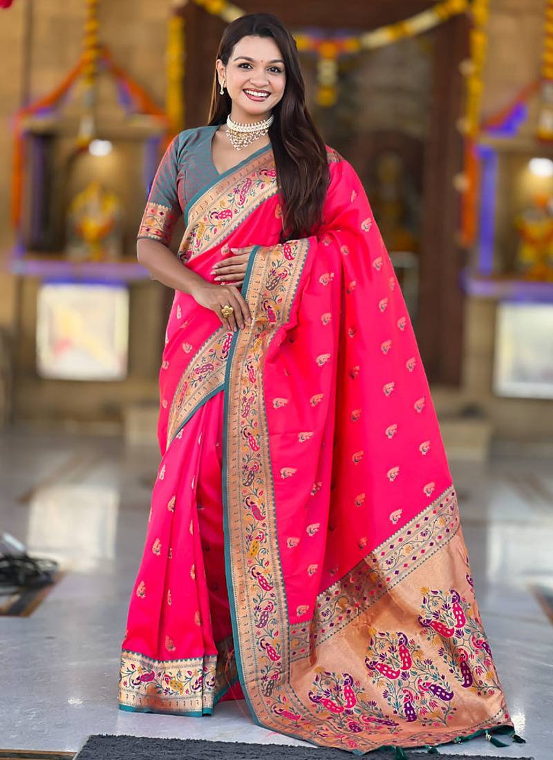 Indian pink zari motif weaving work paithani silk saree
