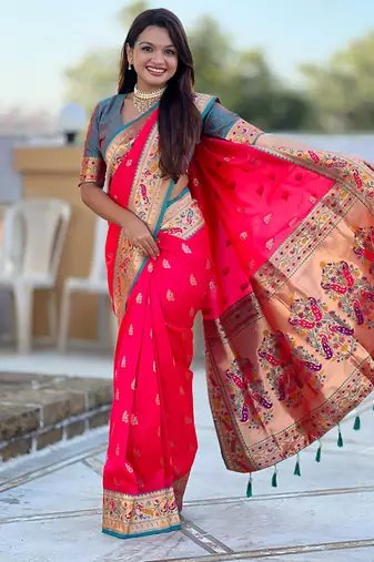 Indian pink zari motif weaving work paithani silk saree