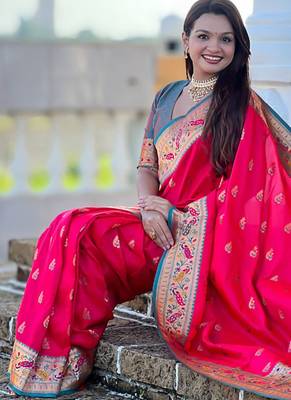 Indian pink zari motif weaving work paithani silk saree 3