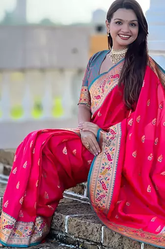 Indian pink zari motif weaving work paithani silk saree
