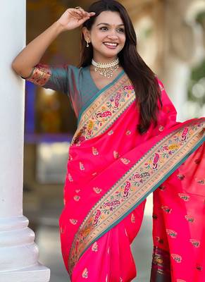 Indian pink zari motif weaving work paithani silk saree 4