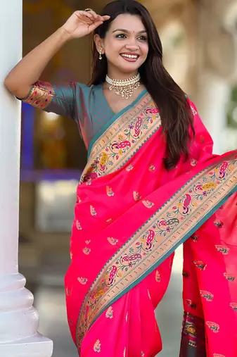 Indian pink zari motif weaving work paithani silk saree