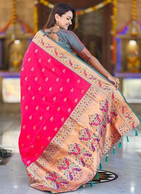 Indian pink zari motif weaving work paithani silk saree 5