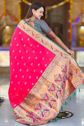 Indian pink zari motif weaving work paithani silk saree