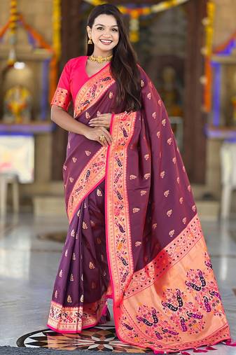 Indian wine zari motif weaving work paithani silk saree