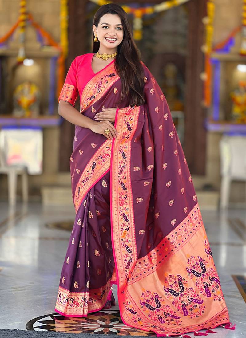 Indian wine zari motif weaving work paithani silk saree