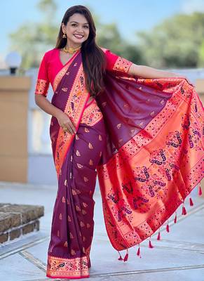 Indian wine zari motif weaving work paithani silk saree 2