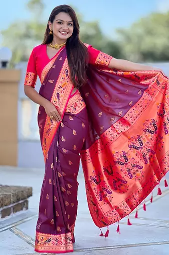 Indian wine zari motif weaving work paithani silk saree