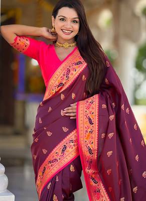 Indian wine zari motif weaving work paithani silk saree 3