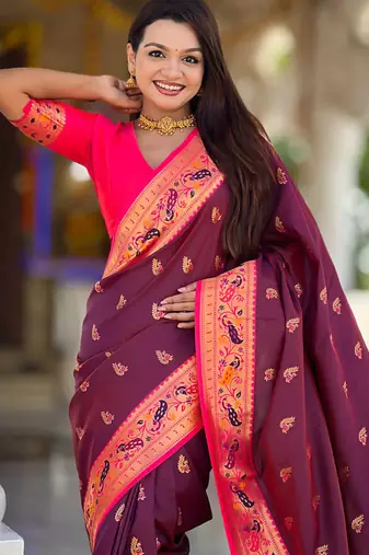 Indian wine zari motif weaving work paithani silk saree