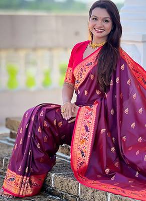 Indian wine zari motif weaving work paithani silk saree 5