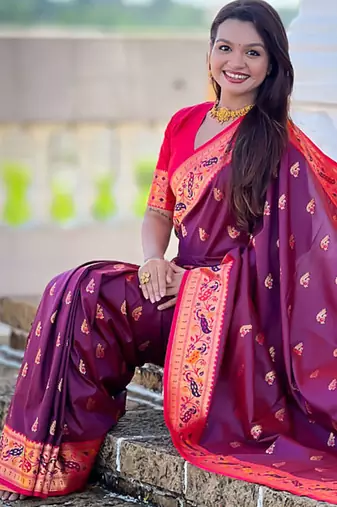 Indian wine zari motif weaving work paithani silk saree