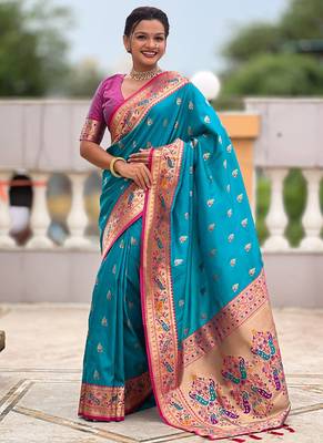 Indian sky blue zari motif weaving work paithani silk saree 1