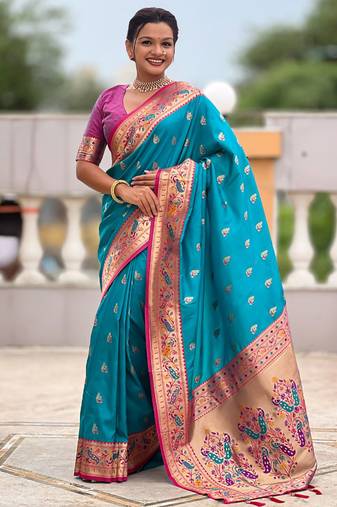 Indian sky blue zari motif weaving work paithani silk saree