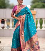 Indian sky blue zari motif weaving work paithani silk saree