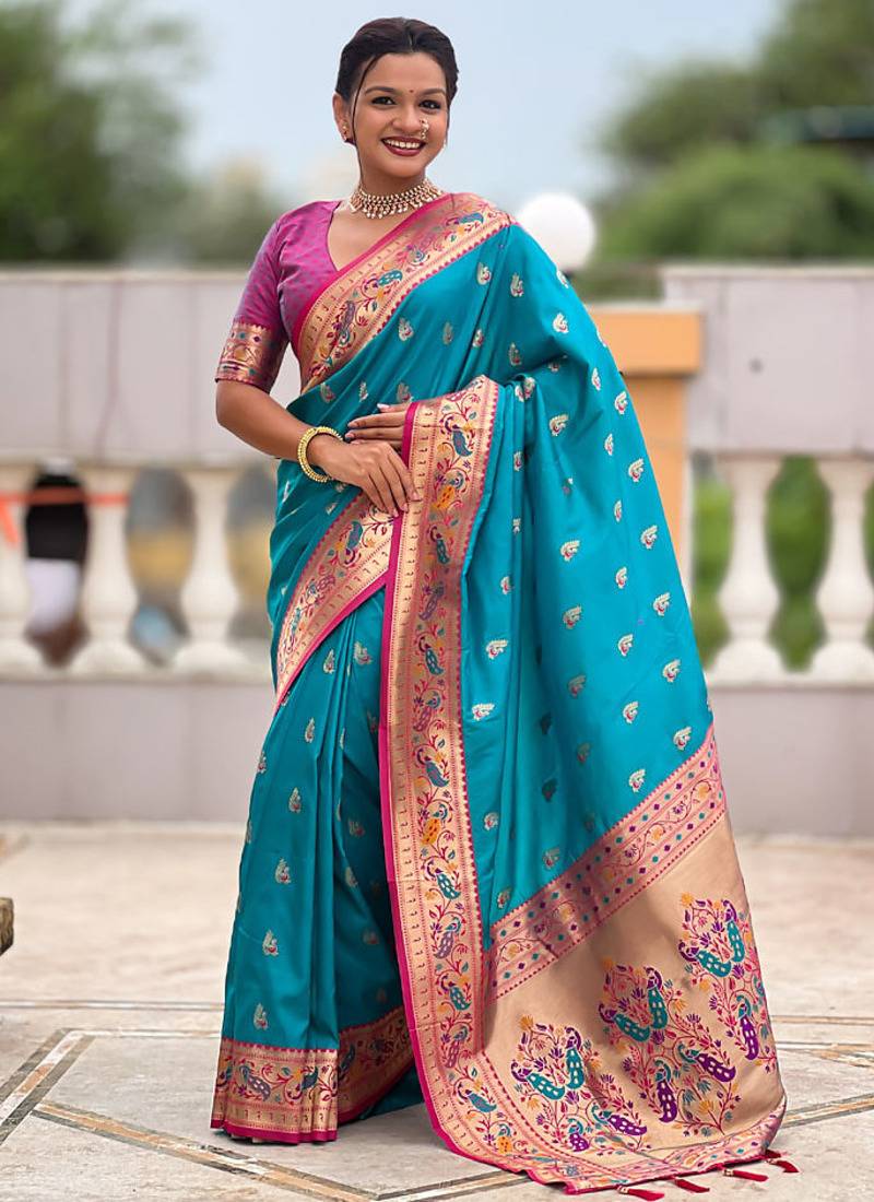 Indian sky blue zari motif weaving work paithani silk saree