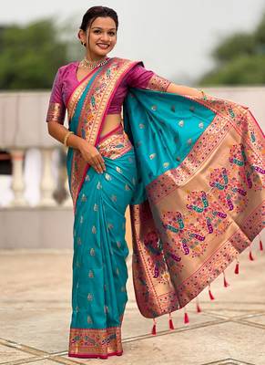 Indian sky blue zari motif weaving work paithani silk saree 2