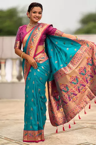 Indian sky blue zari motif weaving work paithani silk saree