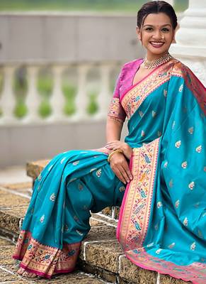 Indian sky blue zari motif weaving work paithani silk saree 3