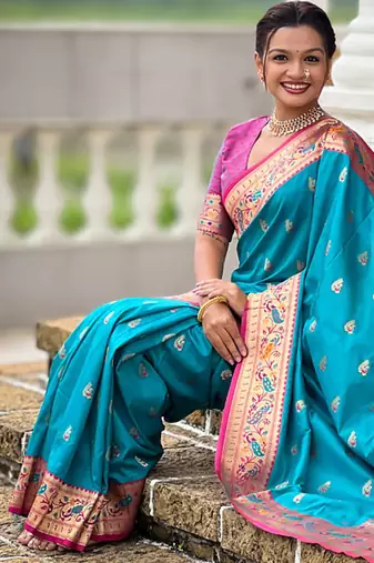 Indian sky blue zari motif weaving work paithani silk saree