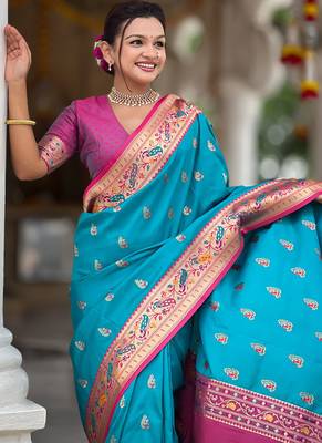 Indian sky blue zari motif weaving work paithani silk saree 4