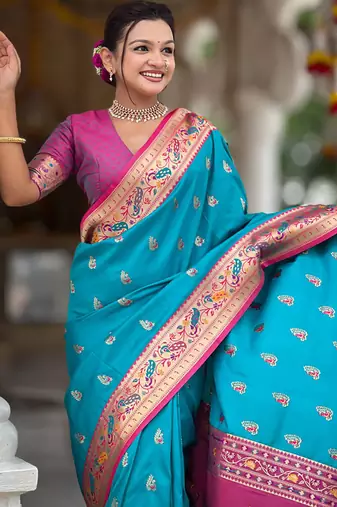 Indian sky blue zari motif weaving work paithani silk saree