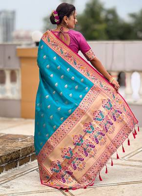 Indian sky blue zari motif weaving work paithani silk saree 5