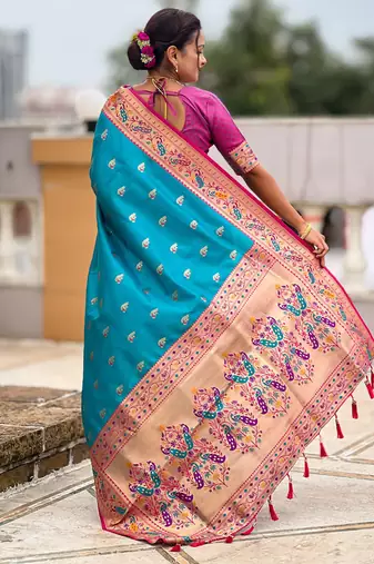 Indian sky blue zari motif weaving work paithani silk saree
