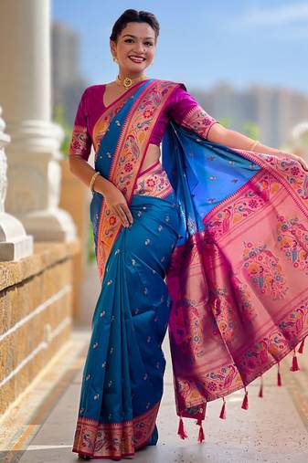 Designer sky blue meenakari weaving work paithani silk saree