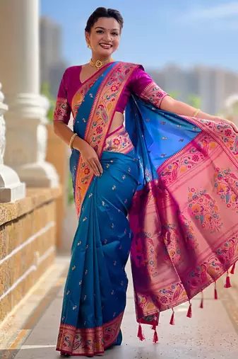 Designer sky blue meenakari weaving work paithani silk saree
