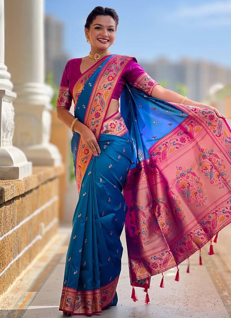 Designer sky blue meenakari weaving work paithani silk saree