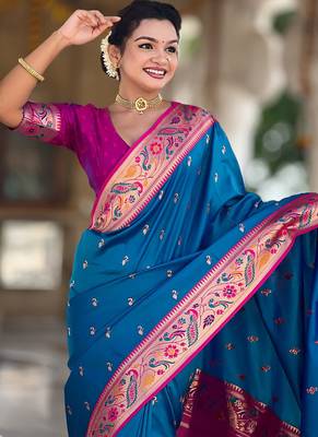 Designer sky blue meenakari weaving work paithani silk saree 2