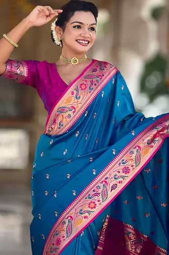 Designer sky blue meenakari weaving work paithani silk saree