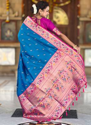 Designer sky blue meenakari weaving work paithani silk saree 3
