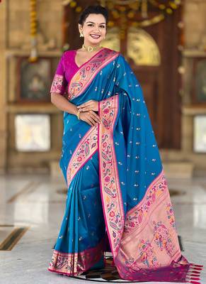 Designer sky blue meenakari weaving work paithani silk saree 4