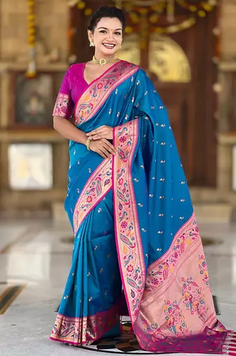 Designer sky blue meenakari weaving work paithani silk saree
