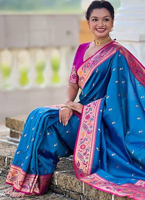 Designer sky blue meenakari weaving work paithani silk saree 5