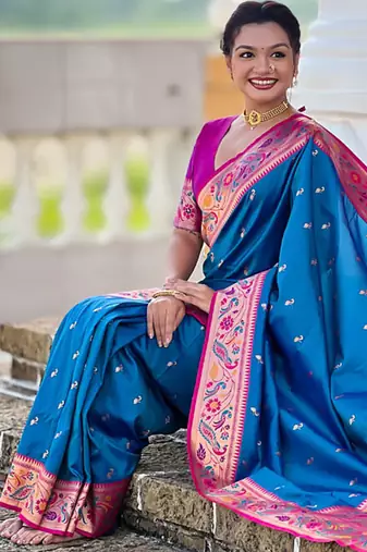 Designer sky blue meenakari weaving work paithani silk saree
