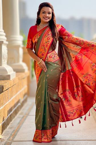 Designer green meenakari weaving work paithani silk saree