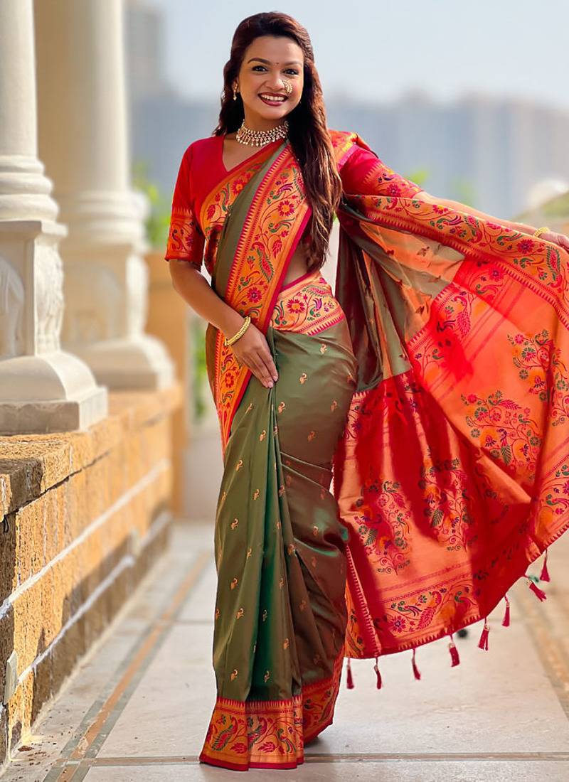 Designer green meenakari weaving work paithani silk saree